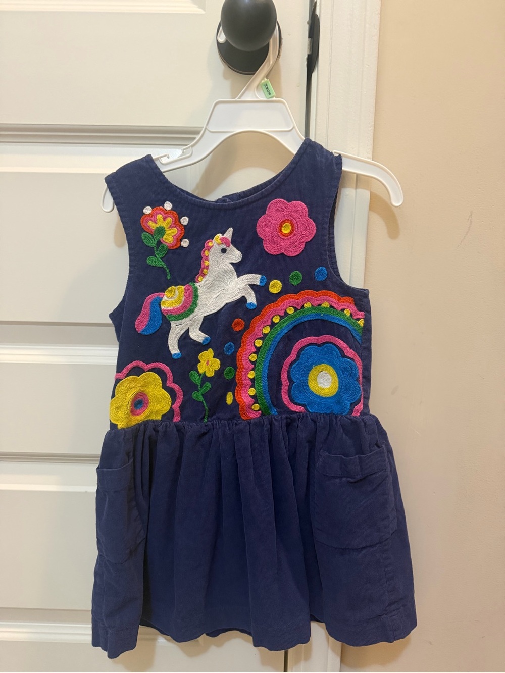 Mini Boden 3/4 Navy Corduroy Dress with Unicorn Floral Appliqués & Pockets